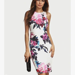 Sleeveless Flower Floral Print Short Bodycon Dress Multicolored‎ S